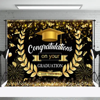 Gold Black Wheat Ear Congrats Graduation Party Backdrop - Aperturee