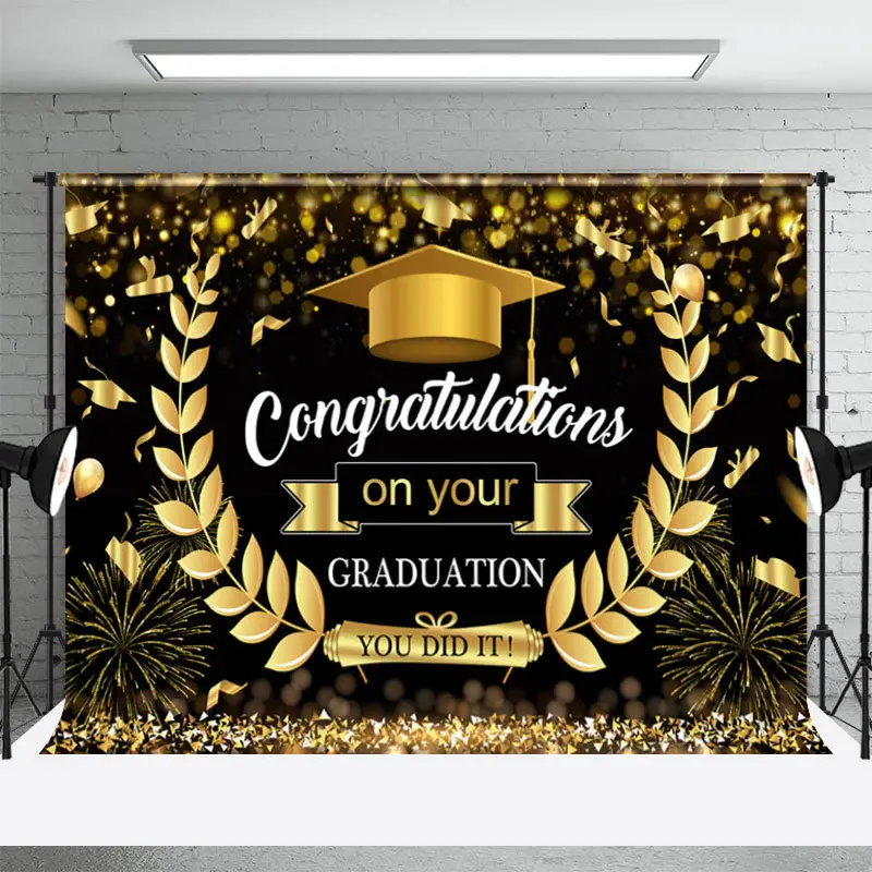 Gold Black Wheat Ear Congrats Graduation Party Backdrop - Aperturee