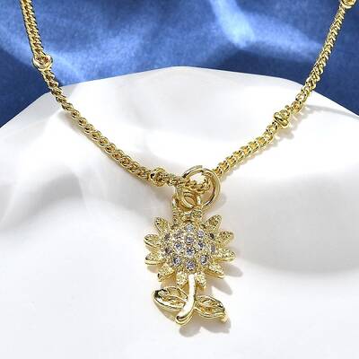 Brass Micro Pave Clear Cubic Zirconia Sunflower Pendant Necklaces for Women