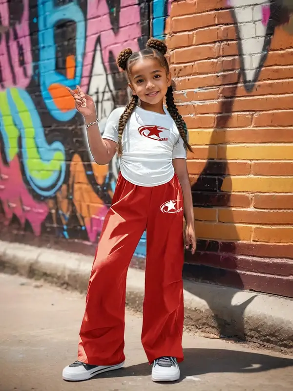 Girl's Star Print Tee & Pants Set, Casual Round Neck Short Sleeve T-shirt & Trousers for Spring & Fall, Kids Clothes for Dail...