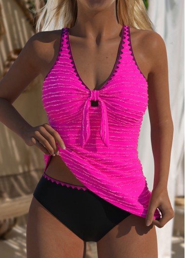 Modlily Jacquard Mid Waisted Hot Pink Tankini Set - XL