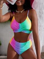 Women's Rainbow gradient  Fashion High Waist Spaghetti Strap 2 Piece Swimsuit Set summer