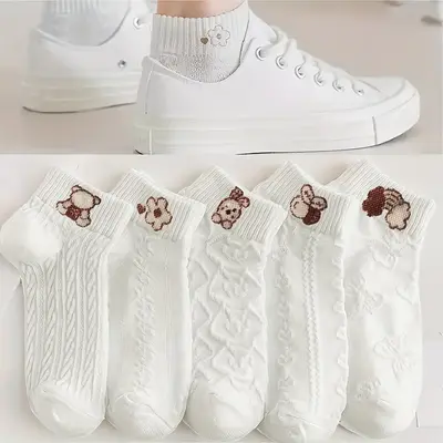 5 Pairs Cartoon Pattern Socks, Cute Japanese Style Short Socks, Women's Stockings & Hosiery
