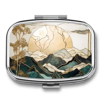 Moon & Mountain Pattern Pill Box, Portable 2-grids Medicine Storage Box, Portable Vitamin C Organizer for Home Office School