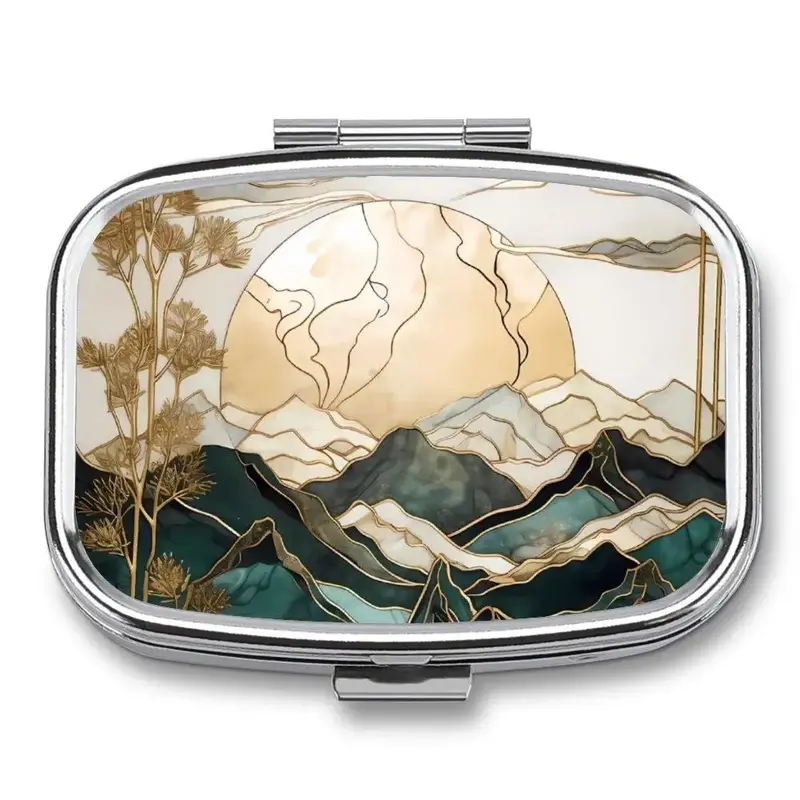 Moon & Mountain Pattern Pill Box, Portable 2-grids Medicine Storage Box, Portable Vitamin C Organizer for Home Office School