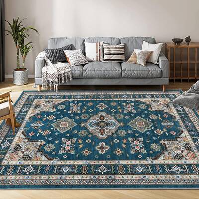Garvee Traditional Medallion Border Area Rug, 9x12 Washable Vintage Indoor Rug, Ultra-Thin Non-Slip Print Floor Carpet for Li...