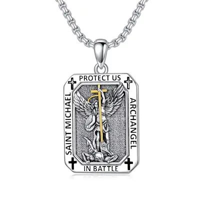 Sterling Silver Two-tone Saint Michael Pendant Necklace with Engraved Word for Men