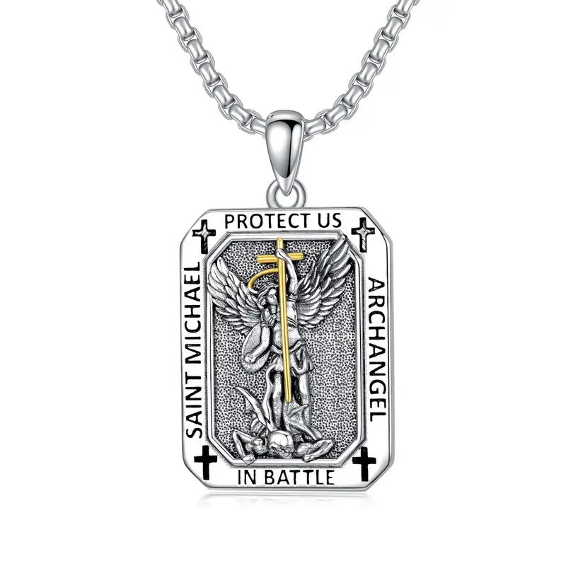 Sterling Silver Two-tone Saint Michael Pendant Necklace with Engraved Word for Men