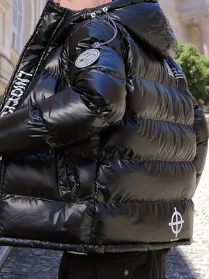 Men's Letter Print Patched Drawstring Hooded Winter Coat, Regular Fit Winter Jacket, Casual Long Sleeve Pocket Zipper Outerwe...