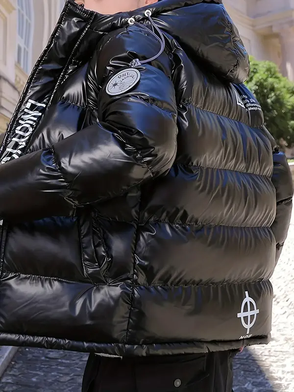 Men's Letter Print Patched Drawstring Hooded Winter Coat, Regular Fit Winter Jacket, Casual Long Sleeve Pocket Zipper Outerwe...