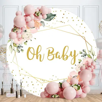 Aperturee Pink Floral Oh Baby Round Backdrop For Baby Shower | Circle Birthday Backdrop Cover | Round Backdrop Cover Diy | Ro...