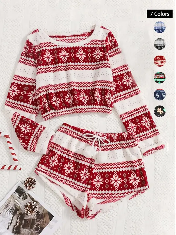 Women's Geometric Print Coral Fleece Loungewear Set, Fluffy Pajamas, Boho Long Sleeve Sleep Top & Pom Pom Decor Drawstrin...