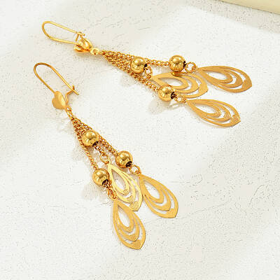 Elegant Gold Plated Leaf Earrings with Tassels for Women