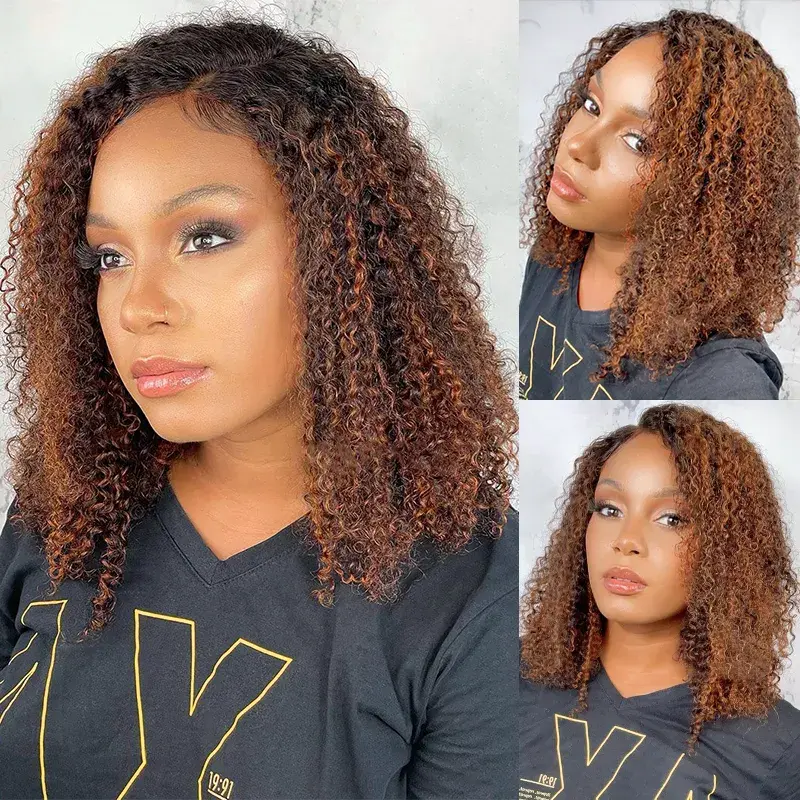 Ginger Highlight 6x4.5 Pull Go Lace Closure Bob Kinky Curly Double Drawn Human Hair Wig