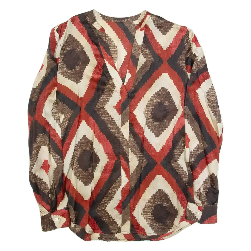 Womens Shirt Blouse Brown V-Neck Long Sleeve Silk Crazy Pattern L