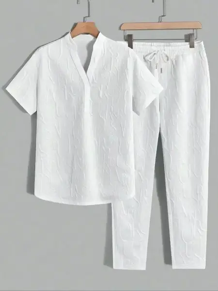 KZZ Men's Textured Letter Embossed Tee & Drawstring Waist Pants Regular Fit Casual Short Sleeve Notched Neck Top Above the An...