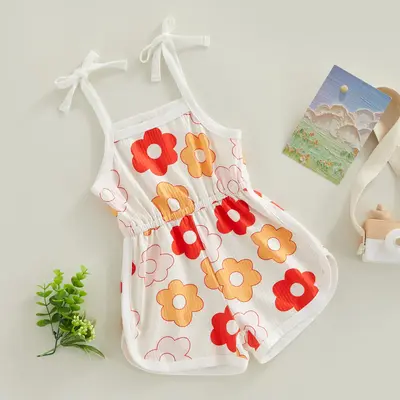 Toddler Baby Girl Summer Jumpsuit, Cartoon Flower Print Sleeveless Sling Tie-Up Shorts Romper