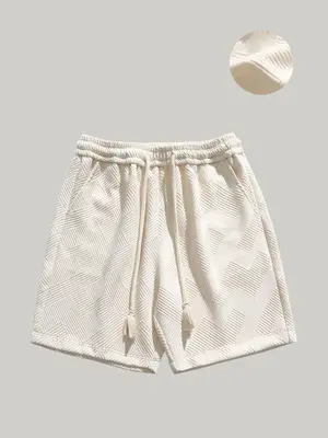 Men's Solid Textured Drawstring Shorts, Shorts for Men, Loose Casual Elastic Waist Pocket Straight Leg Shorts for The Summe...
