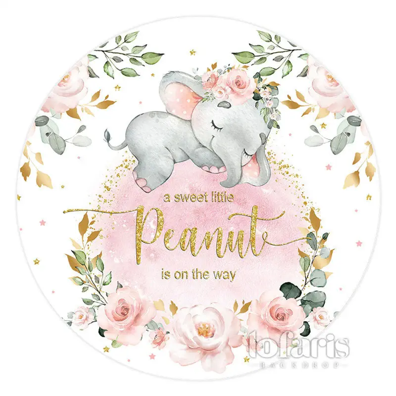 Aperturee Pink Elephant Flowers Cute Round Baby Shower Backdrop | Circle Party Backdrop | Round Backdrop Stand Covers | Custo...