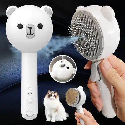 Bear Shape 3-in-1 Pet Steam Brush, Self-Cleaning Dog Cat Grooming Tool with Spray & Massage for Shedding Control