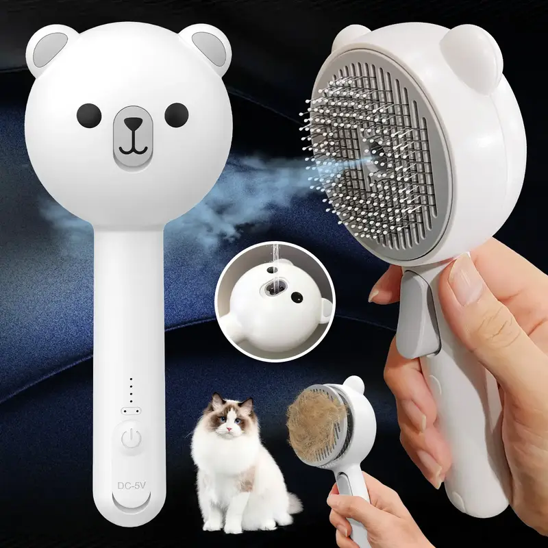 Bear Shape 3-in-1 Pet Steam Brush, Self-Cleaning Dog Cat Grooming Tool with Spray & Massage for Shedding Control