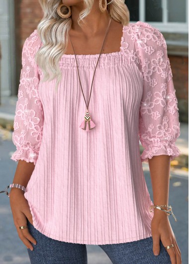 Modlily Light Pink 3/4 Sleeve Square Neck Blouse - M
