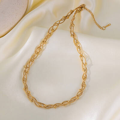 304 Stainless Steel 3 Layer Crossed Round Snake Chain Round Beads Chain Necklaces for Women