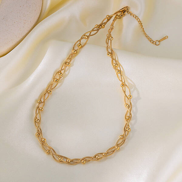 304 Stainless Steel 3 Layer Crossed Round Snake Chain Round Beads Chain Necklaces for Women