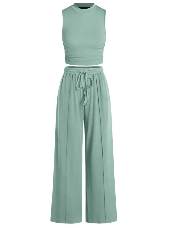 BTFBM Women's Summer 2-Piece Outfits - Ribbed Knit Crew Neck Sleeveless Cropped Top & Wide Leg Pants Lounge Set #Outdoorfun