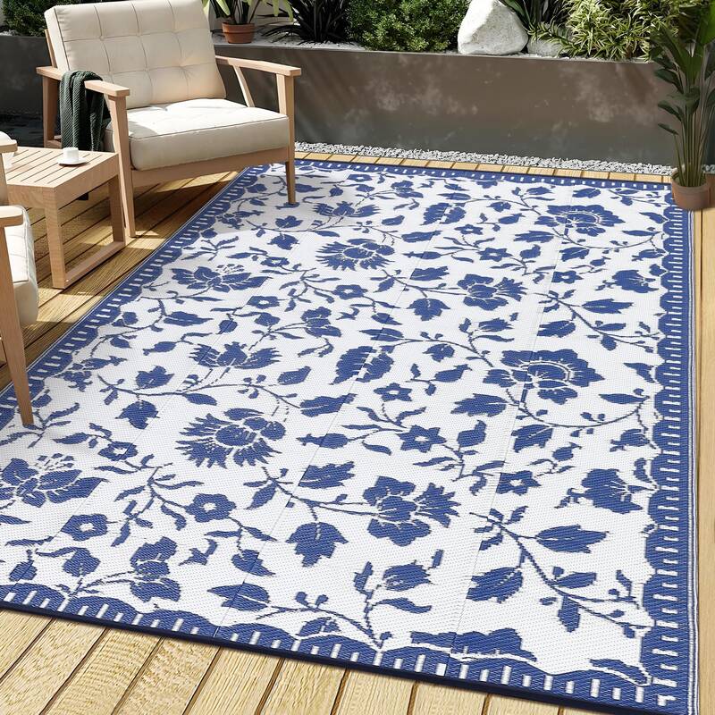 Garvee Waterproof Reversible Outdoor Patio Rug 10x14ft – Navy/White Plastic Straw Camping Mat – Collapsible, UV Resistant...