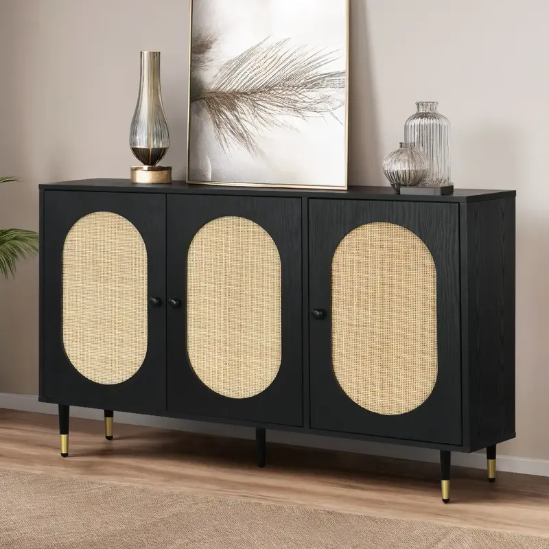 HOMBCK Sideboard Buffet Cabinet, Rattan 3 Doors Buffet Cabinet with Storage, 47''  Storage, Adjustable Shelf for Kitchen, Din...