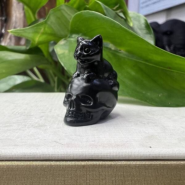 Natural Obsidian Carved Skull with Cat Figurines