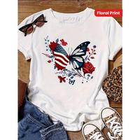 Women's Casual Butterfly & Floral Print T-Shirt - Patriotic American Flag Design, Breathable Loose Fit Short Sleeve Round Nec...