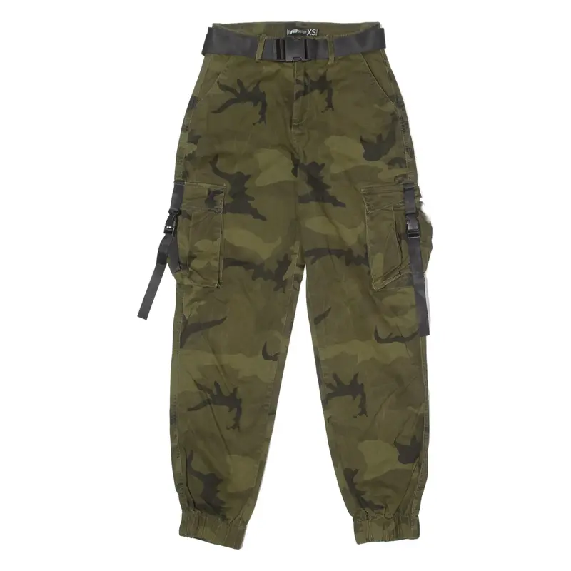 FB SISTER Cuffed Camo Cargo Womens Twill Trousers Green Regular Tapered W26 L26