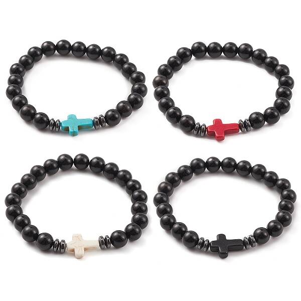 Natural Wood & Synthetic Turquoise & Hematite Corss Beaded Stretch Bracelet