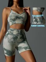 Women Tye Die Crop Tops Slim Fitted Short Lounge Sets Seamless Matching Clothing Yoga Outfits Stretchy With Padded Fitness Sp...