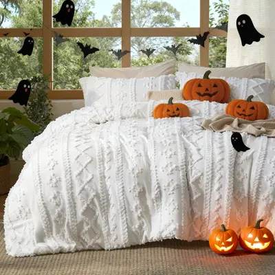 Bedsure Tufted Boho Comforter Set Halloween Pumpkin Caramel- Boho Bed Set, GentleSoft 3 Pieces Farmhouse Shabby Chic Embroide...
