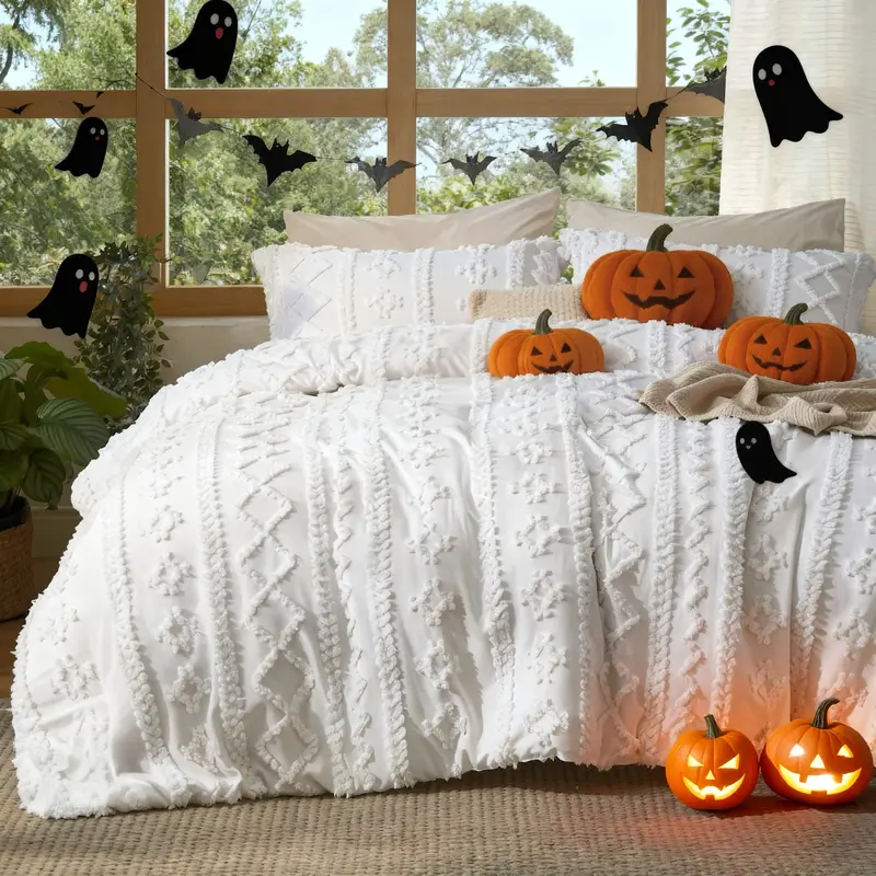 Bedsure Tufted Boho Comforter Set Halloween Pumpkin Caramel- Boho Bed Set, GentleSoft 3 Pieces Farmhouse Shabby Chic Embroide...