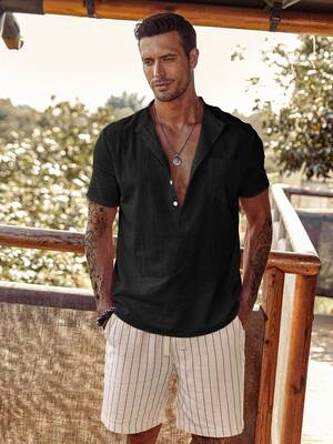 Linen Style Beach Button Shirts, Black / XXXL