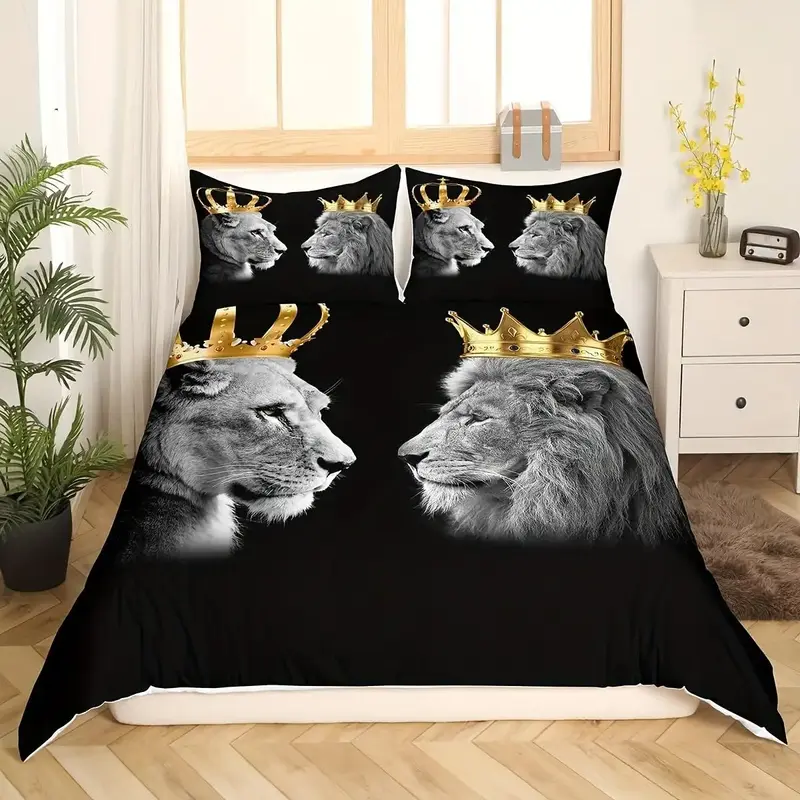 Lion Print Duvet Cover & Pillowcase Set without Filler, 2pcs/3pcs Soft Comfortable Bedding Set, Bedding Supplies for Home Hot...
