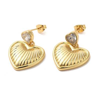 Heart Brass with Cubic Zirconia Heart Dangle Stud Earrings