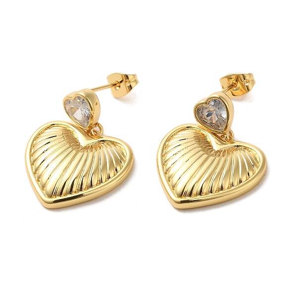 Heart Brass with Cubic Zirconia Heart Dangle Stud Earrings