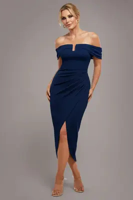 Goddiva Off The Shoulder Chiffon Wing Scuba Crepe Midi Dress - Navy Blue