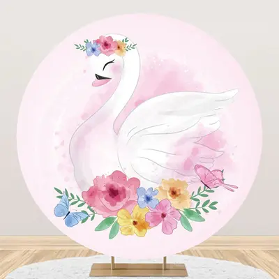 Colorful Floral Pink Swan Round Birthday Backdrop - Aperturee