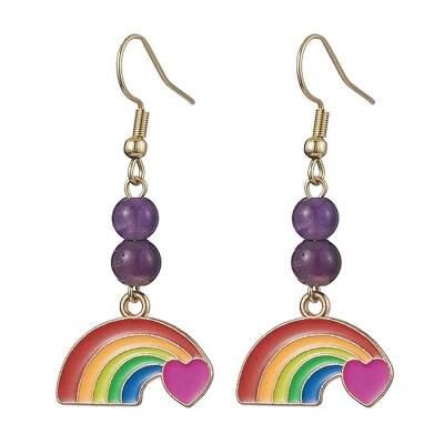 Rainbow Alloy Enamel & Natural Amethyst Dangle Earrings for Women