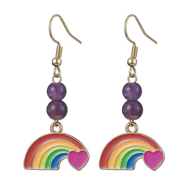 Rainbow Alloy Enamel & Natural Amethyst Dangle Earrings for Women