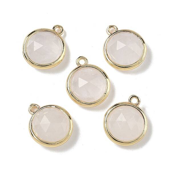 Brass Pave Natural Quartz Crystal Faceted Flat Round Charms