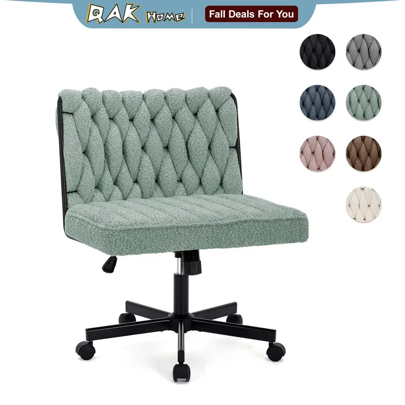 QAK Criss Cross Legged Office Desk Chair with Wheels, Modern Armless Desk Chair with WideSeat, Home Office Chair for Work, Me...