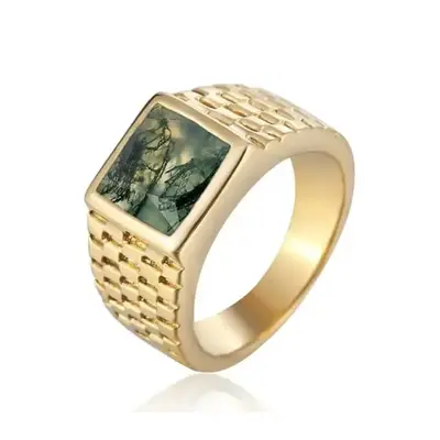 Sterling Silver with Yellow Gold Plated Princess Cut Moss Agate Ring for Men