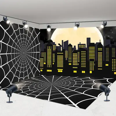 Aperturee Black Spider Wab Moon City Scene Room Set Backdrop | Diy Birthday Backdrop | Backdrop For Birthday Party | Birthday...